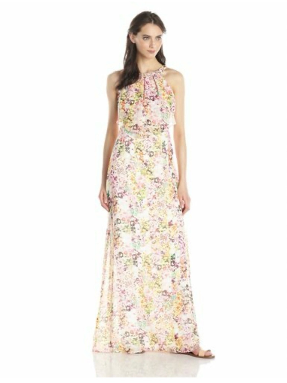 Jessica Simpson Floral Halter Maxi Dress in Pastel Pink and Yellow